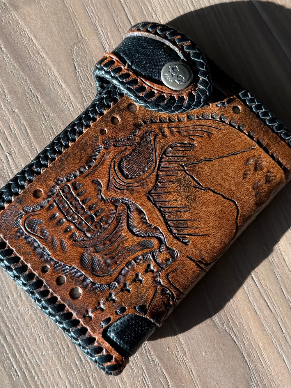 Hand Tooled Leather Skull Biker Wallet Western Gothic Brown Black